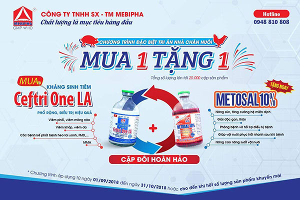 Mua 1 chai Cetri One LA 100ml sẽ được tặng ngay 1 chai Metosal 10%. Mua 1 chai Cetri One LA 100ml sẽ được tặng ngay 1 chai Metosal 10%.