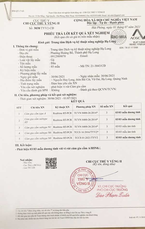 Mẫu trả kết quả xét nghiệm của Chi cục thú y vùng II ghi nhận 3 mẫu dương tính với virus cúm gia cầm A/H5N8 tại hộ chăn nuôi Nguyễn Huy Long (thôn Bãi Cát, xã Vũ Oai, thành phố Hạ Long, tỉnh Quảng Ninh). Ảnh: Việt Hoa Mẫu trả kết quả xét nghiệm của Chi cục thú y vùng II ghi nhận 3 mẫu dương tính với virus cúm gia cầm A/H5N8 tại hộ chăn nuôi Nguyễn Huy Long (thôn Bãi Cát, xã Vũ Oai, thành phố Hạ Long, tỉnh Quảng Ninh). Ảnh: Việt Hoa